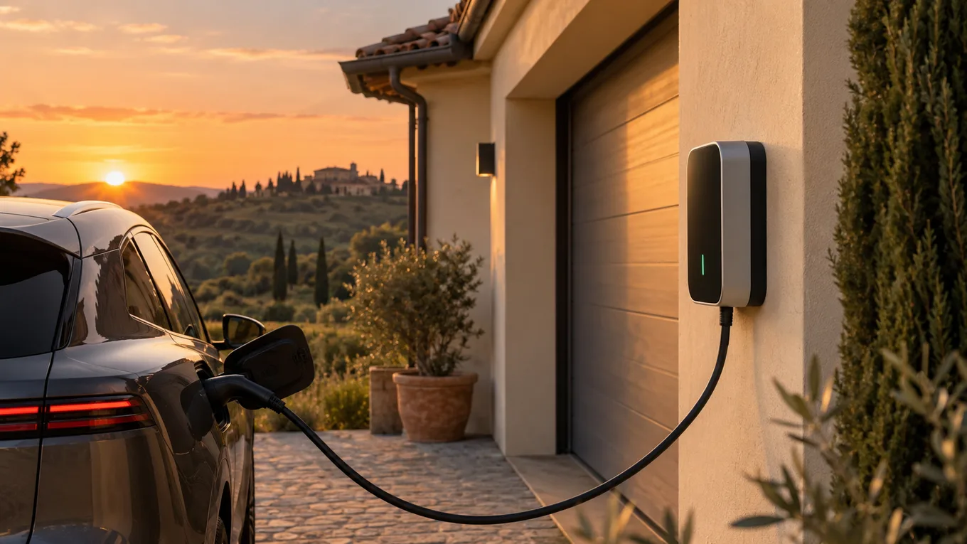 Colonnina di ricarica installata sulla parete di una casa italiana con auto elettrica in ricarica al tramonto