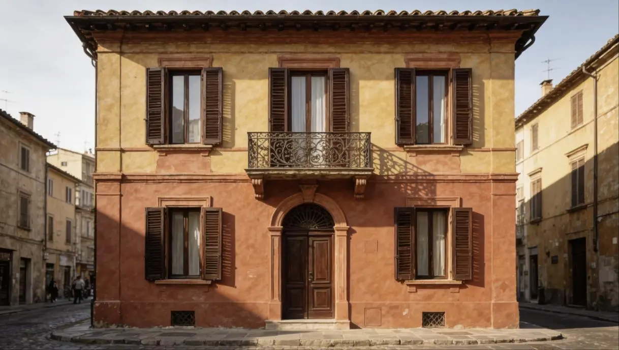 Facciata di un palazzo storico italiano appena rinnovata, tonalità ocra e terracotta