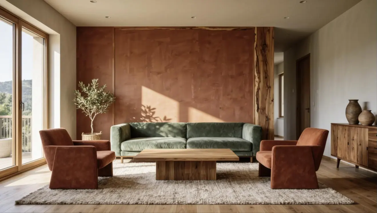 Salotto arredato con mobili nuovi, divano verde salvia e poltrone terracotta