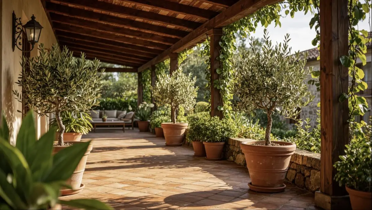Terrazzo italiano con ulivi in vaso e pergola in legno immersa nel verde