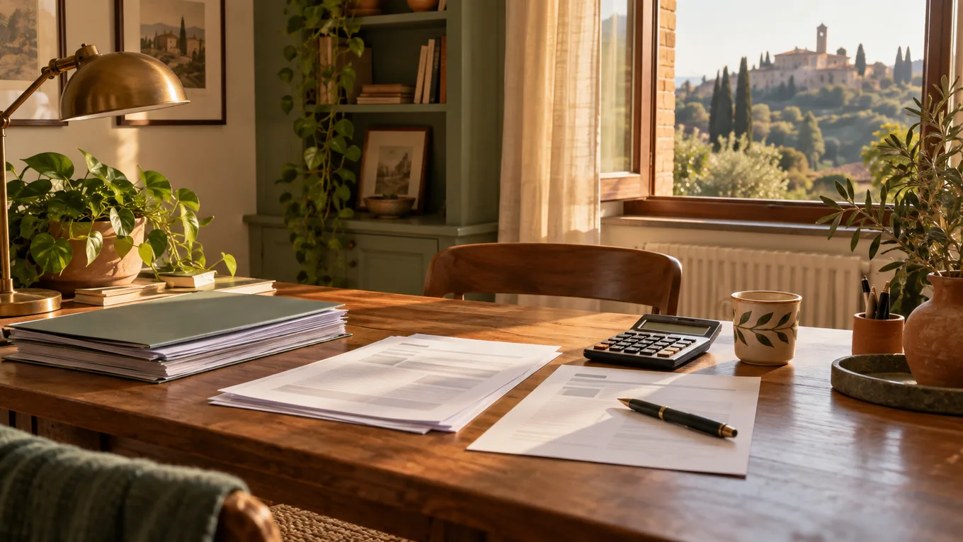 Scrivania con documenti fiscali, calcolatrice e vista su un borgo collinare italiano dalla finestra