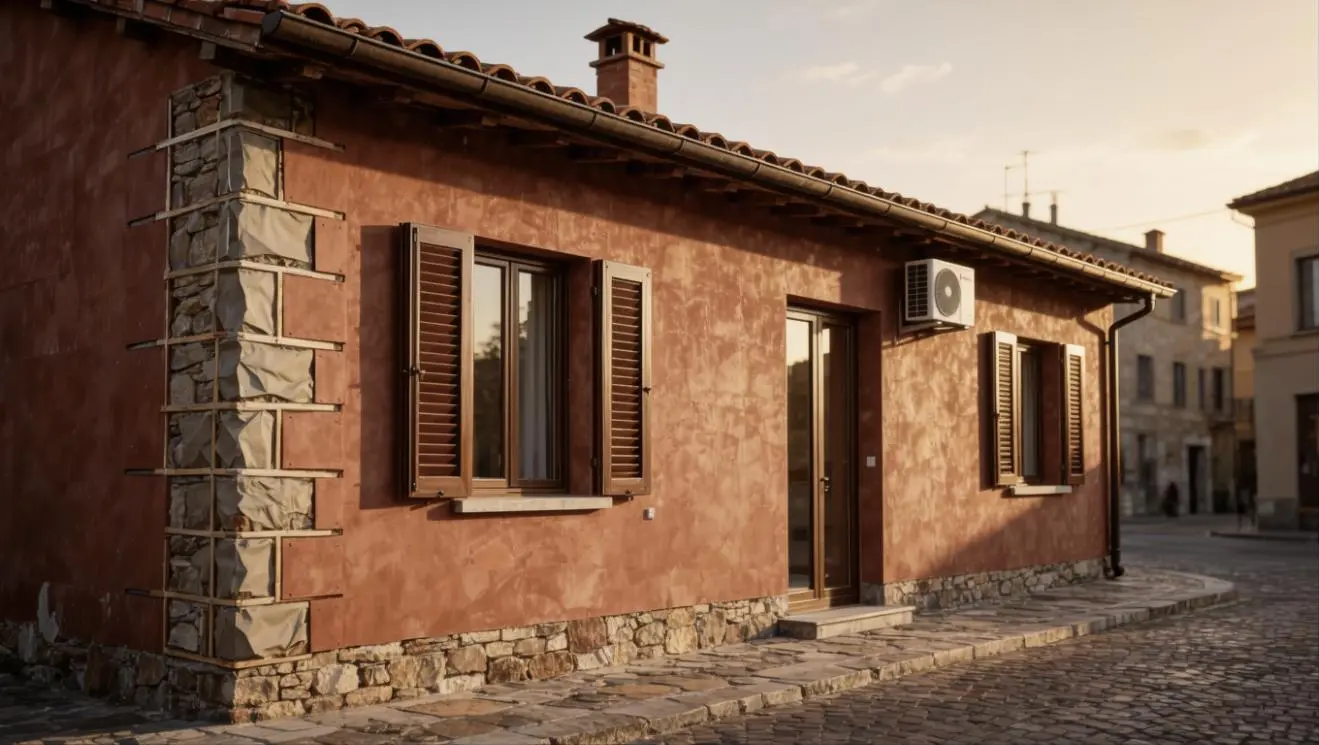 Facciata di casa ristrutturata con cappotto termico e pompa di calore