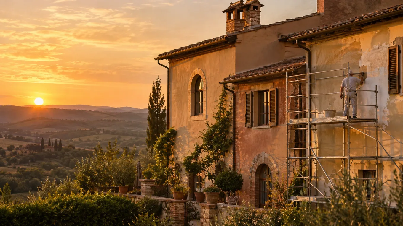 Facciata di una casa italiana in fase di ristrutturazione con impalcatura leggera, luce dorata al tramonto