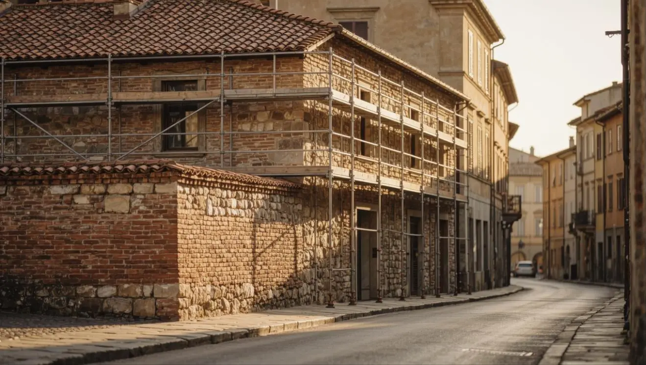 Edificio storico italiano con ponteggi per lavori di consolidamento strutturale