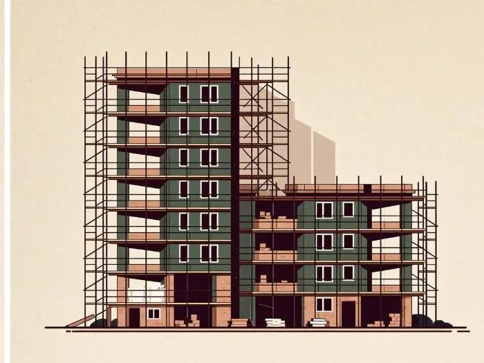 Edificio in ricostruzione post-sisma con ponteggi, nelle zone del cratere sismico